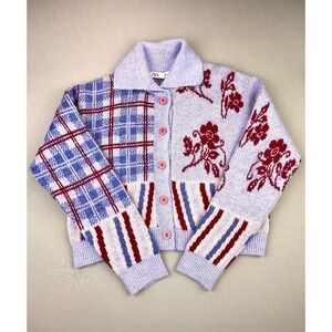 Zara Women's S Floral & Plaid Patchwork Knit‎ Purple Cardigan Granny Sweater